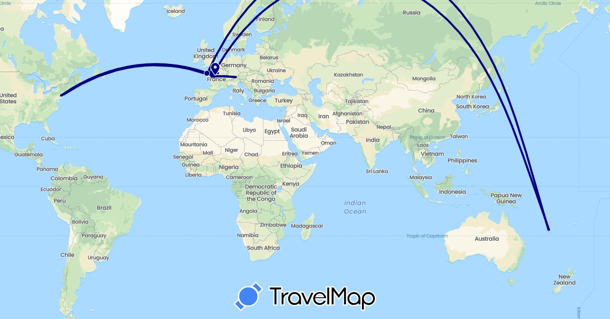 TravelMap itinerary: driving in Austria, France, New Caledonia, United States (Europe, North America, Oceania)