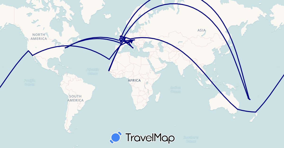 TravelMap itinerary: driving in Austria, Australia, Belgium, Switzerland, Germany, Spain, France, United Kingdom, Italy, New Caledonia, New Zealand, Senegal, United States (Africa, Europe, North America, Oceania)
